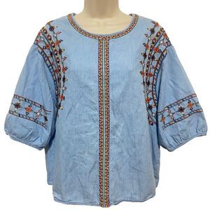 Chambray Embroidered Puff sleeve Top